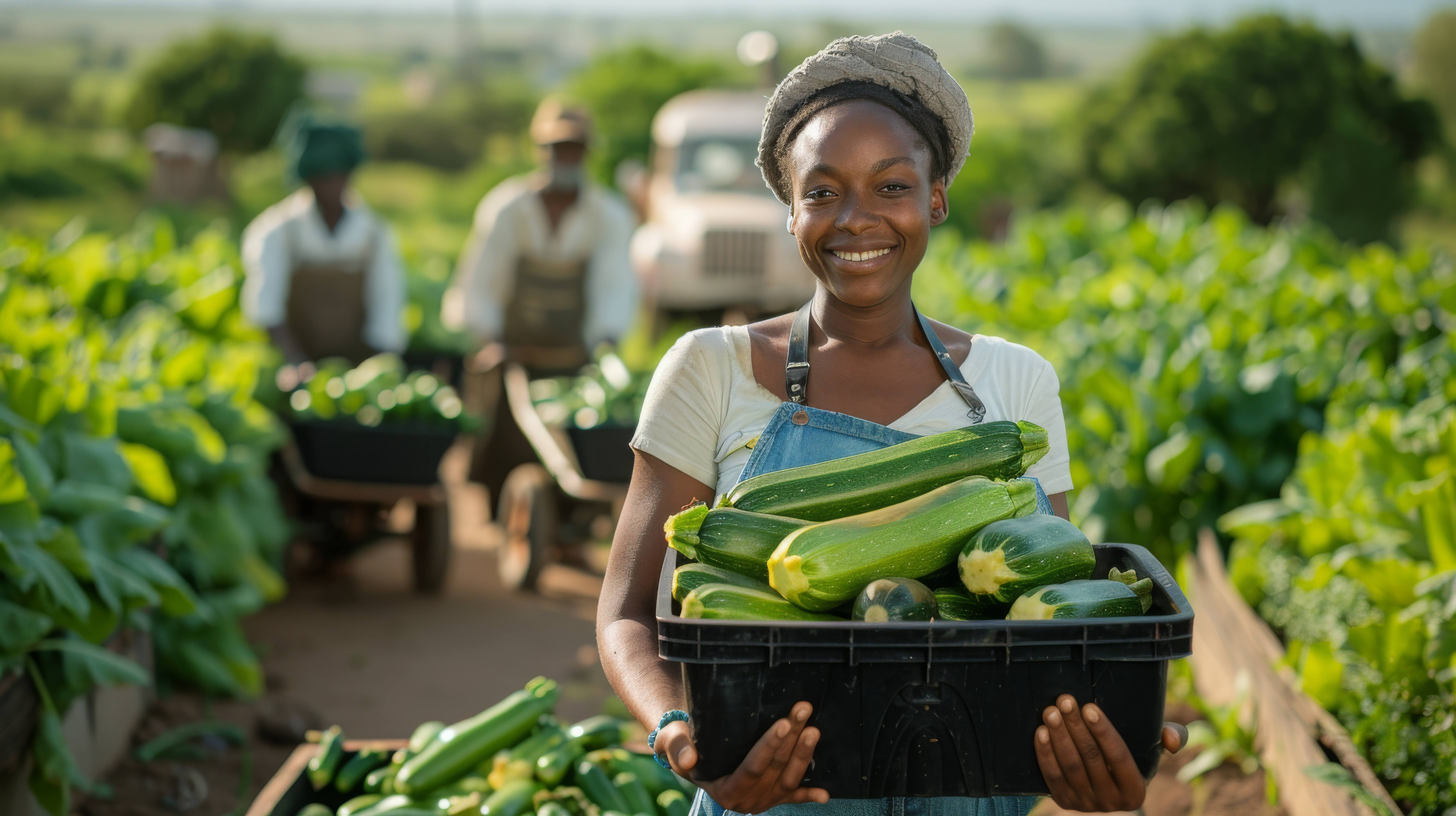 Woman farmer with fresh zucchini harvest for marketplace